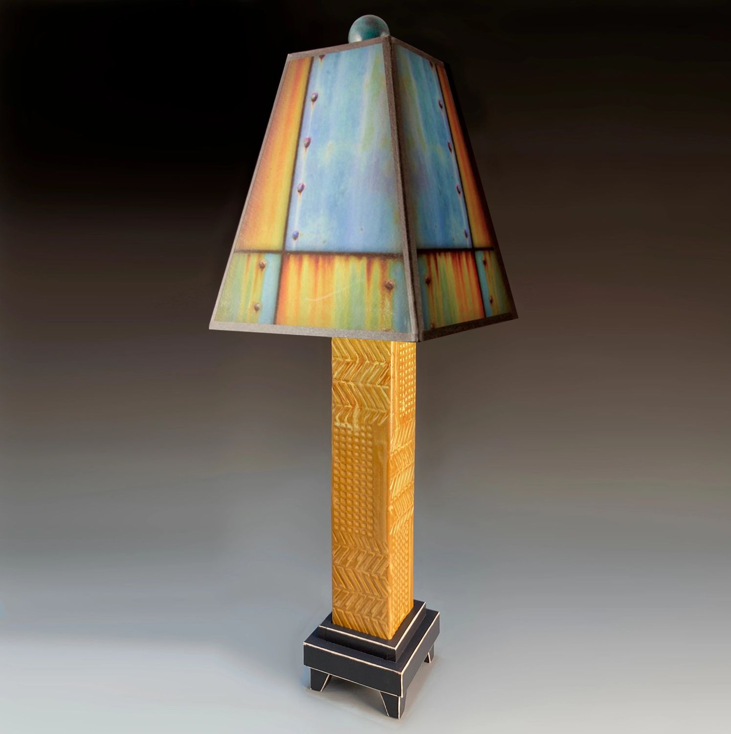 F - ROSS COLLAGE LAMP W/ BROWN STONEWARE