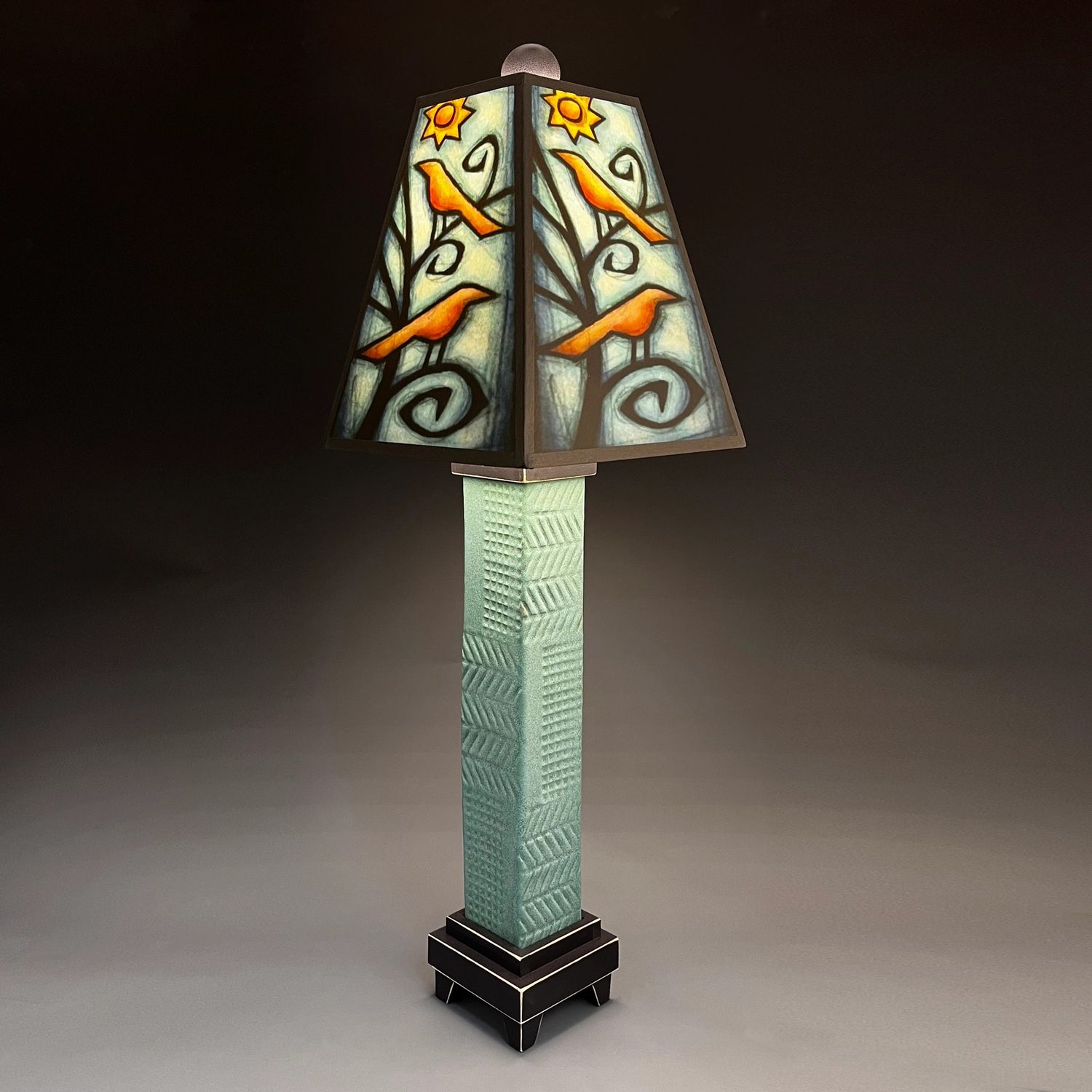 BIRDS IN TREE LAMP W GREEN STONEWARE BASE