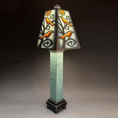 BIRDS IN TREE LAMP W GREEN STONEWARE BASE