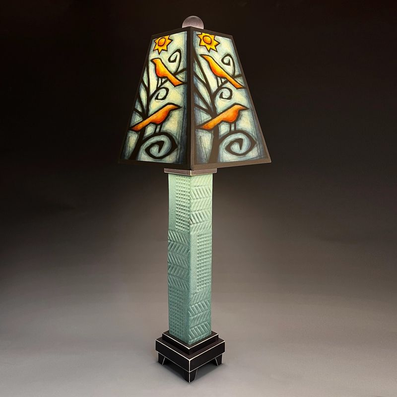 BIRDS IN TREE LAMP W GREEN STONEWARE BASE