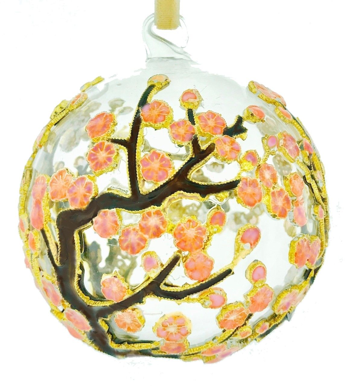 CLOISONNE GLASS BALL ORNAMENT - CHERRY BLOSSOM-YELLOW