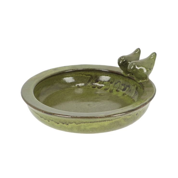 MEDIUM - ROUND BIRD BATH W/ BIRDS, CERAMIC, GREEN