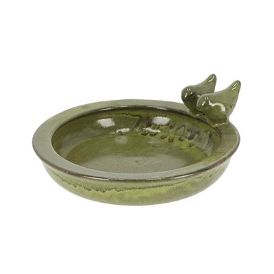 MEDIUM - ROUND BIRD BATH W/ BIRDS, CERAMIC, GREEN