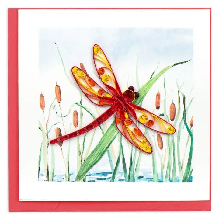 QUILLED GREETING CARD RED DRAGONFLY &amp; CATTAILS