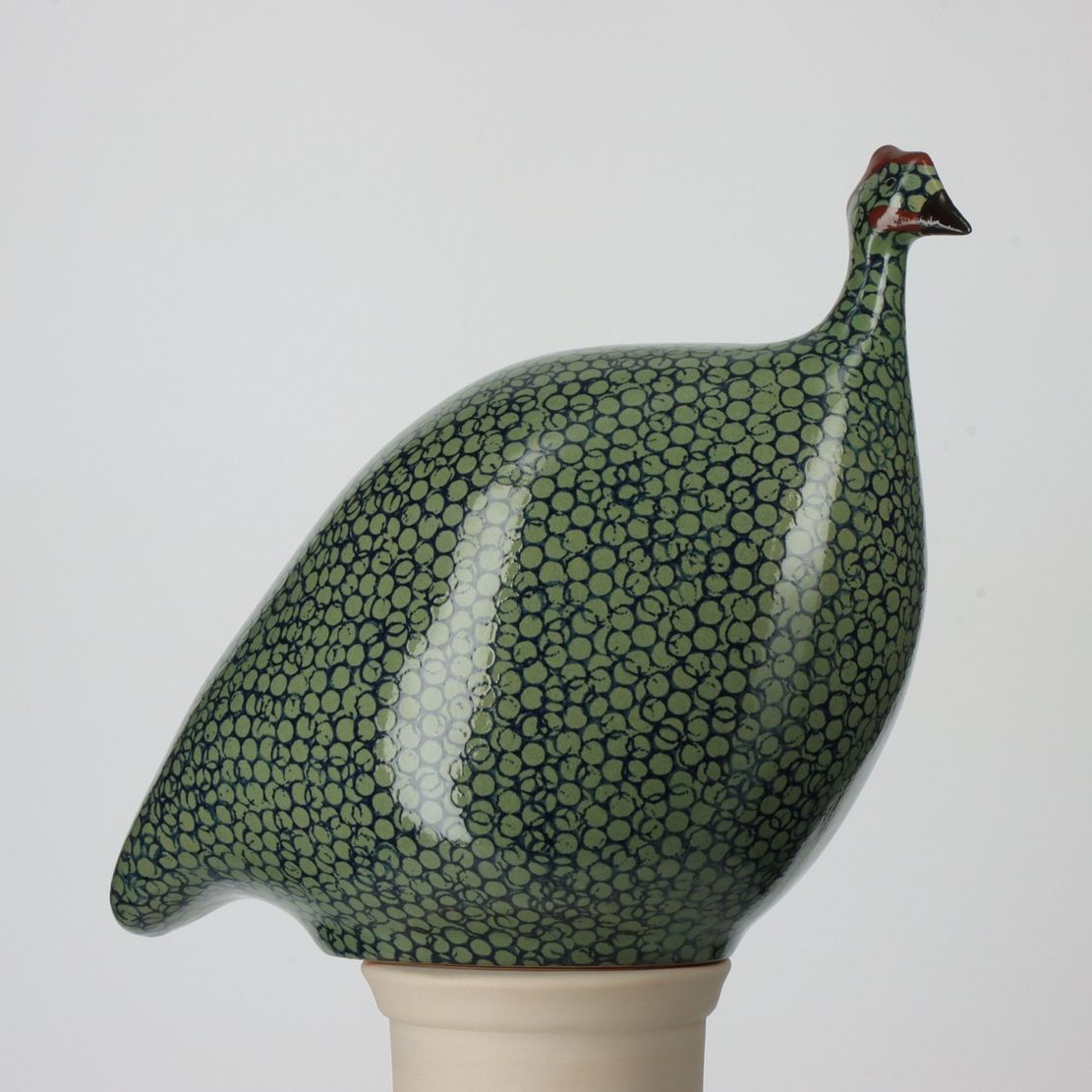 MEDIUM - GREEN SPOTTED COBALT CERAMIC GUINEA FOWL