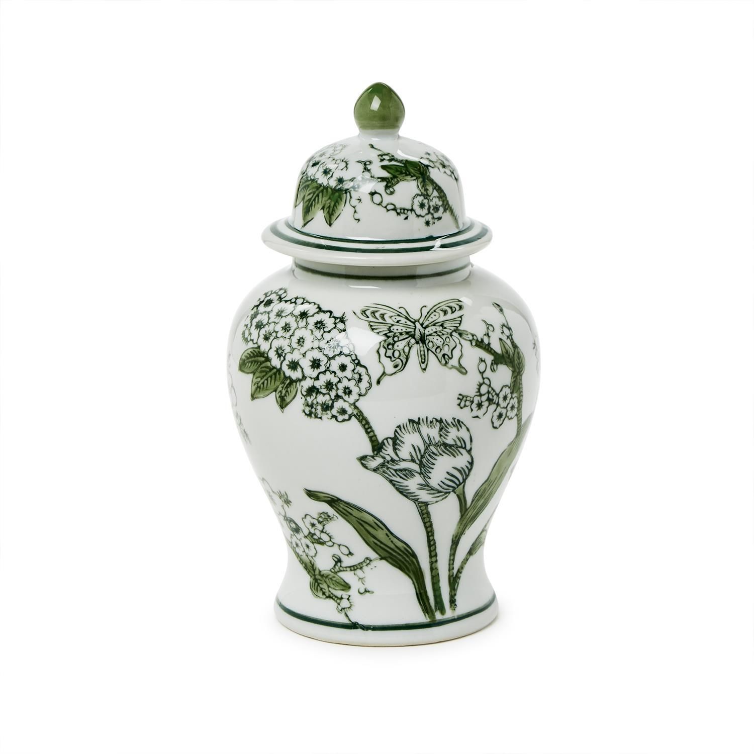 8 inch Green and White Chinoiseire Jar - Primrose &amp; Lotus