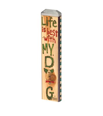 Vertical view of the dog-themed art pole featuring paw prints and "Be Loyal" message.