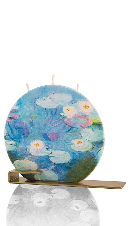 Flat Hand Crafted 6&quot; Round Candle - Claude Monet Water Lili