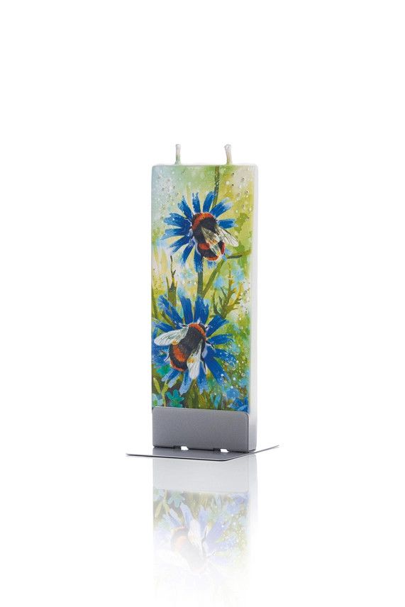 FLATYZ - HAND CRAFTED ARTIST CANDLE BEES ON BLUE FLOWERS