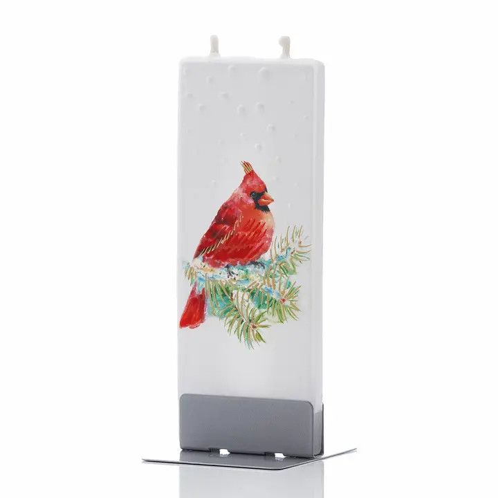 FLATYZ SEASONAL- HAND CRAFTED ARTIST CANDLE SNOWY CARDINAL ON PINE BRANCH