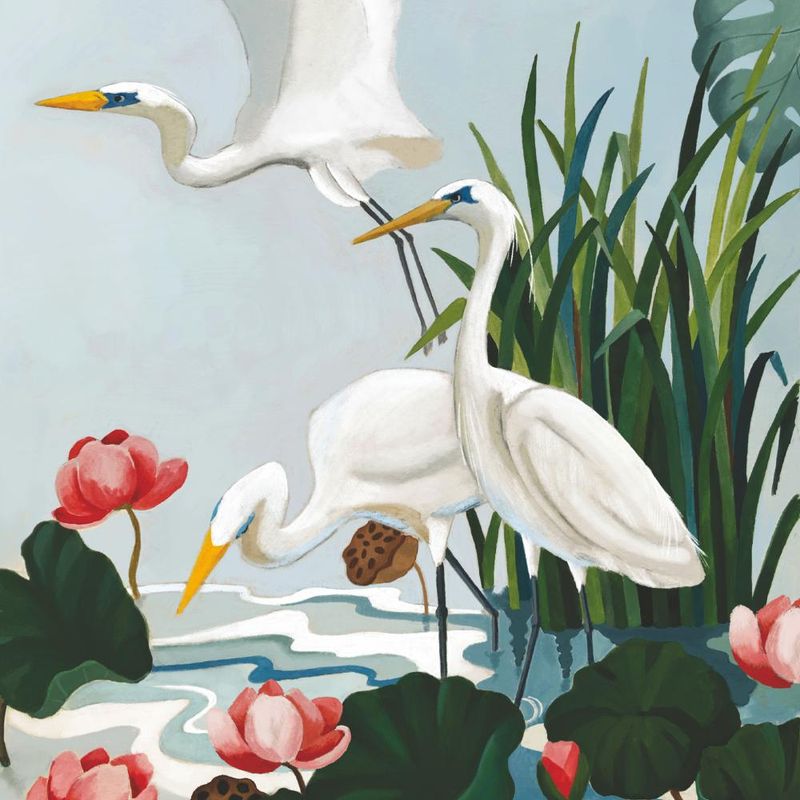 BEVERAGE NAPKIN EGRETS &amp; WATER LILIES
