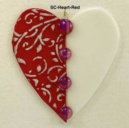 Fused Glass Heart Sun Catcher, Color: Red/White