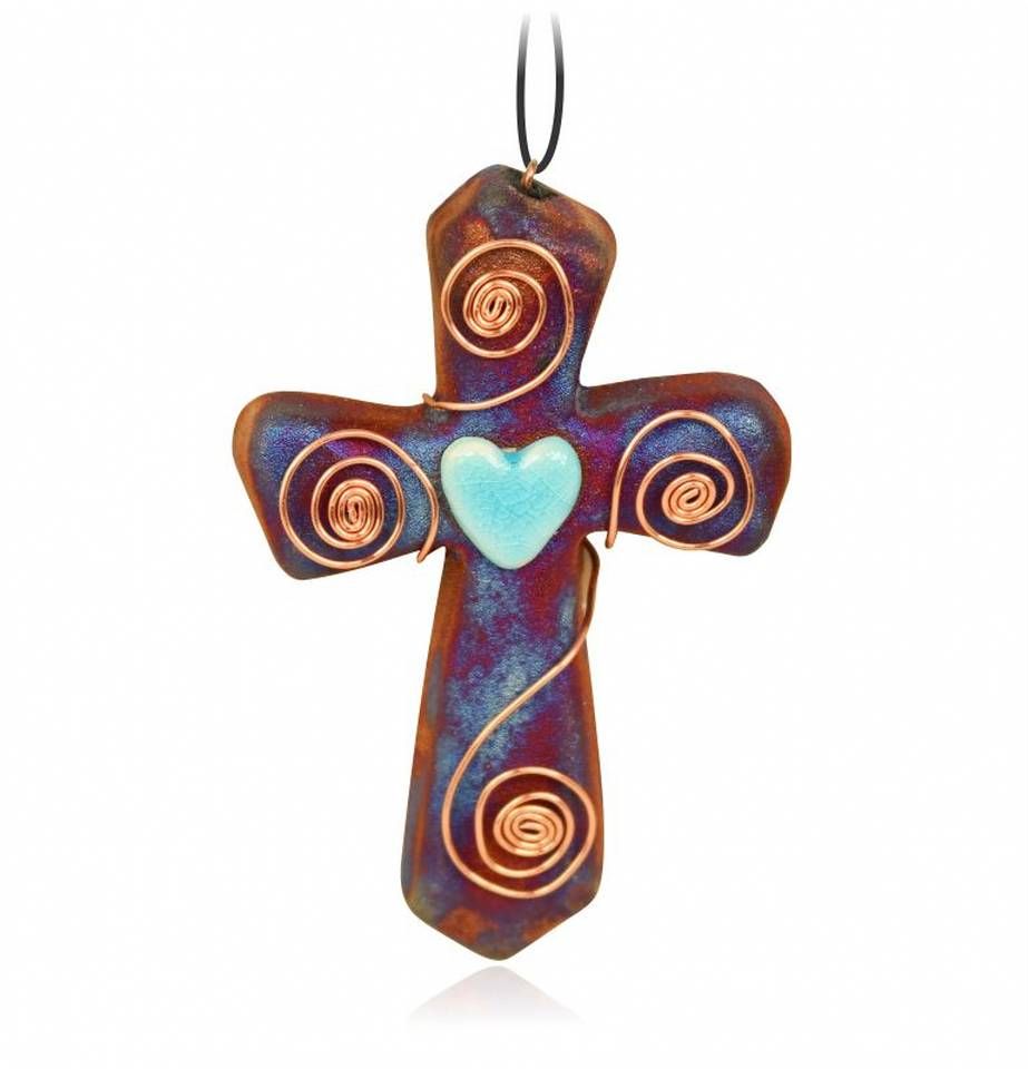 RAKU ORNAMENT - MINI CROSS, Style: HEART &amp; SPIRALS
