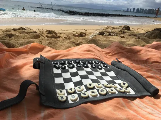 TRAVEL CHESS CHECKERS WITH LEATHER CASE