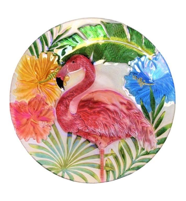 18&quot; Flamingo Glass Plate Bird Bath with Hologram Paint