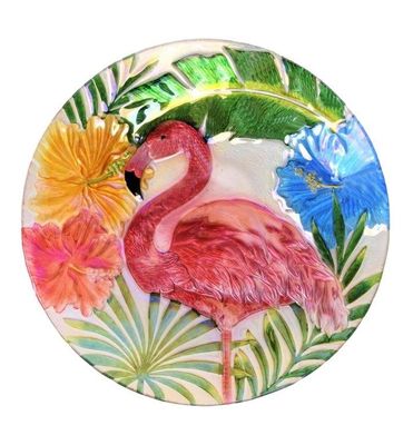 18&quot; Flamingo Glass Plate Bird Bath with Hologram Paint