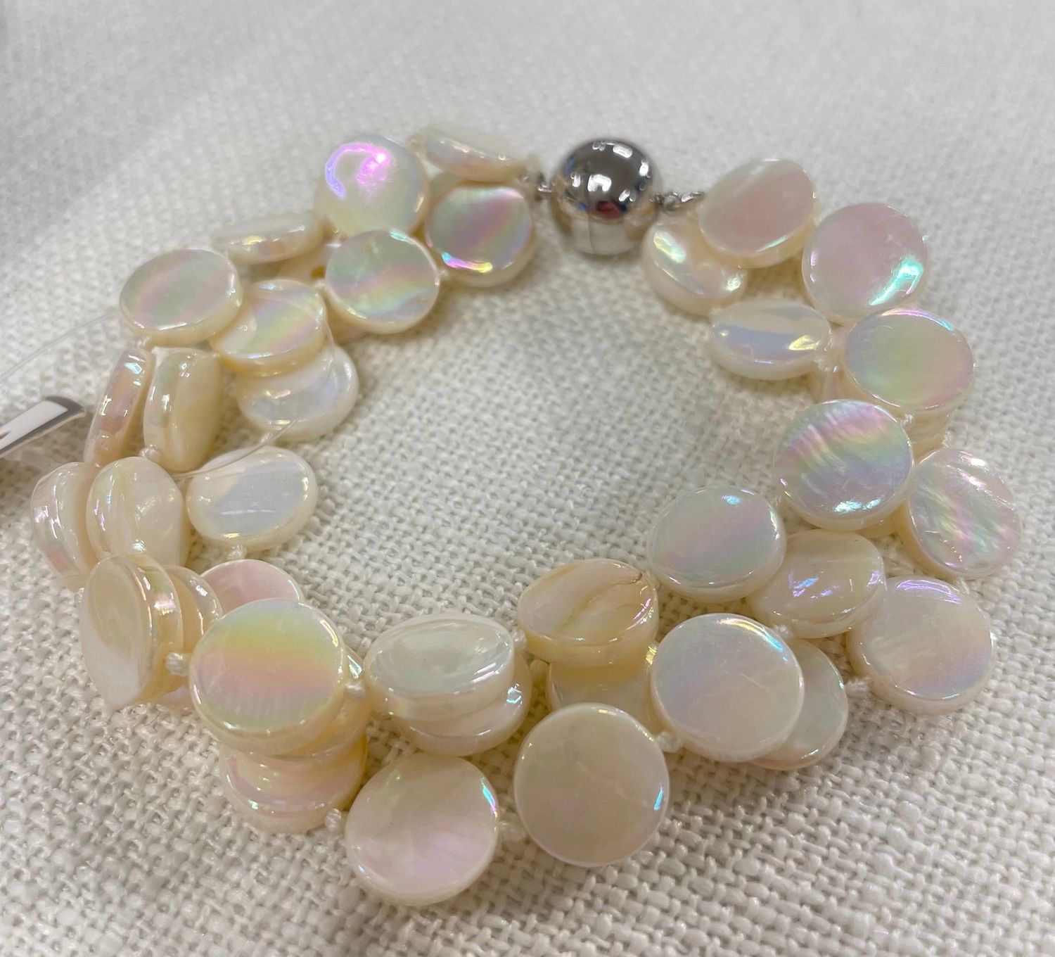 #802B 3 Strand Mother of Pearl Bracelet - White
