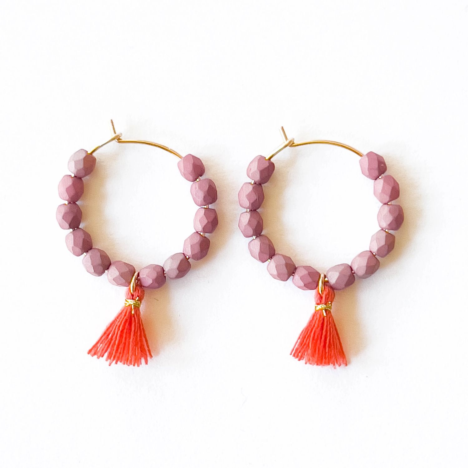 Small Gold Filled Hoops With Beads And Tassels - Purple