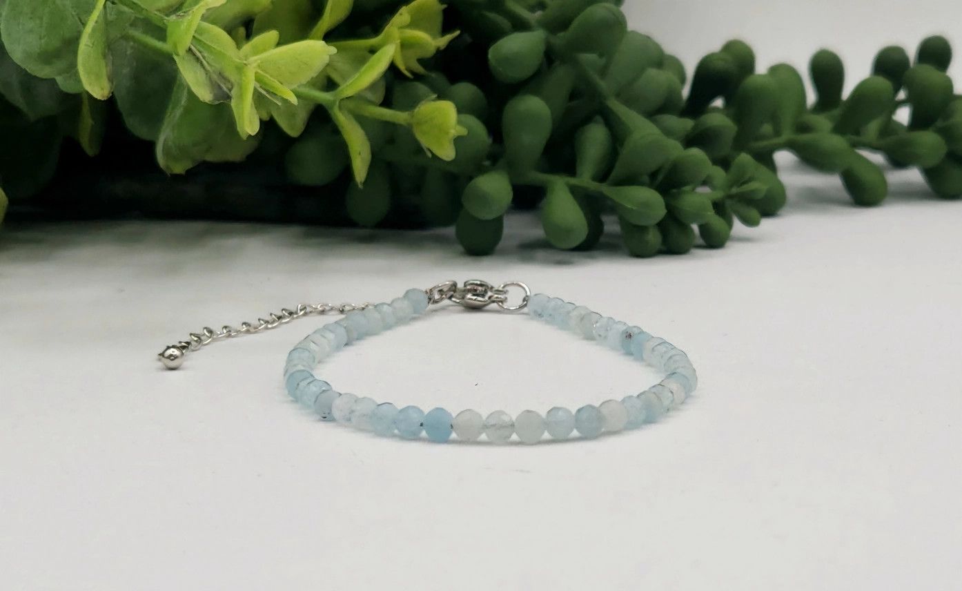 Aquamarine Bracelet Faceted 3MM w/Silver Color Clasp