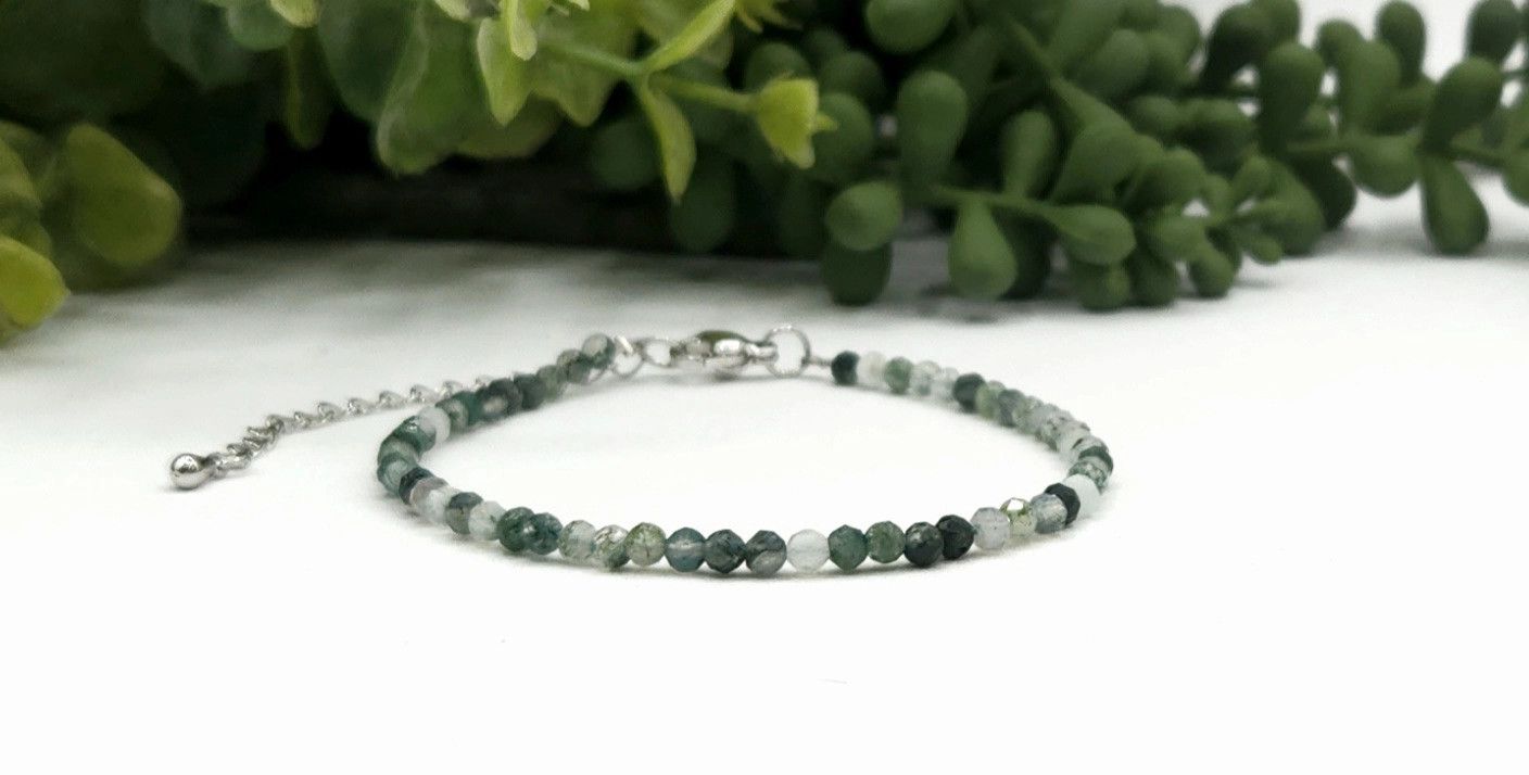 Moss Agate Bracelet Faceted 3MM w/Silver Color Clasp