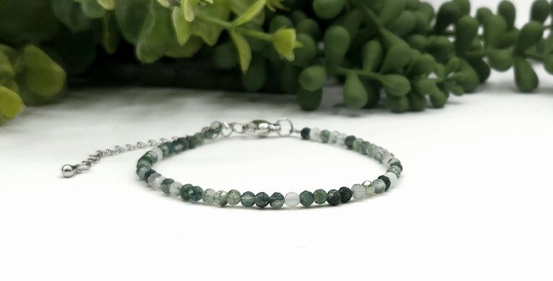 Moss Agate Bracelet Faceted 3MM w/Silver Color Clasp