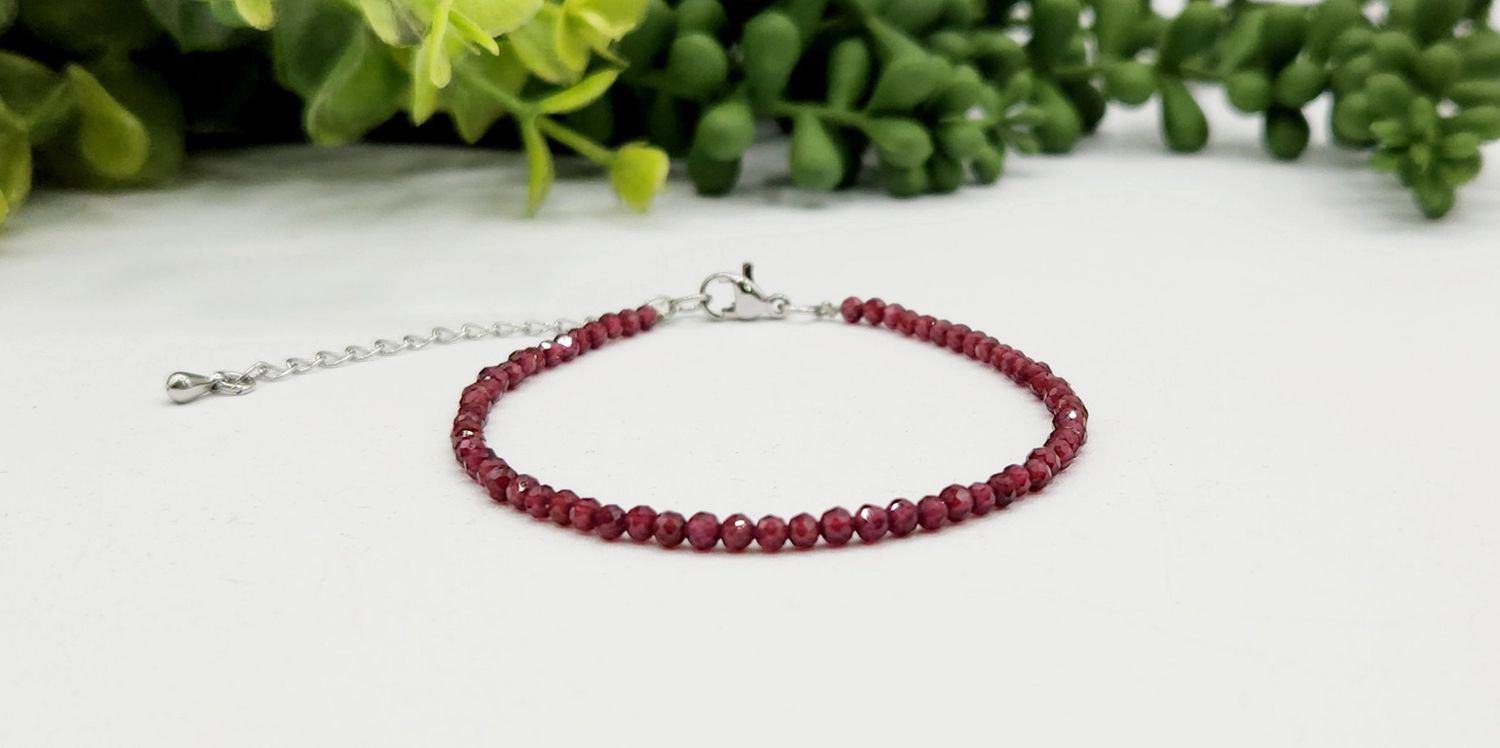 Garnet Bracelet Faceted 3MM w/Silver Color Clasp