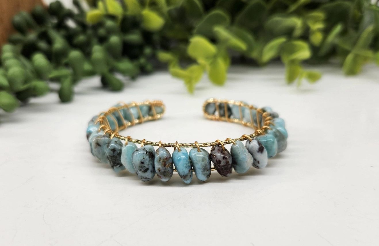 Larimar Bangle/Cuff/Wire Wrapped Bracelet -18kt.Gold Overlay -  White Gold