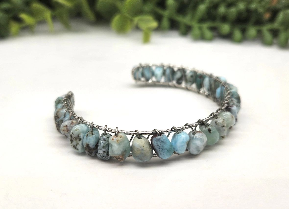 Larimar Bangle/Cuff/Wire Wrapped-18kt.White Gold Overlay - White Gold