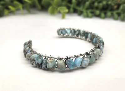 Larimar Bangle/Cuff/Wire Wrapped-18kt.White Gold Overlay - White Gold
