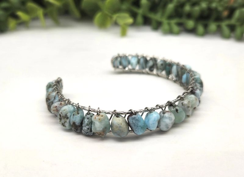 Larimar Bangle/Cuff/Wire Wrapped-18kt.White Gold Overlay - White Gold