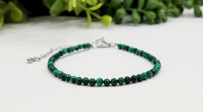 Malachite Bracelet Faceted 3MM w/Silver Color Clasp