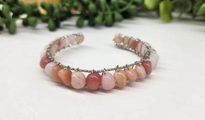 Pink Opal Bangle/Cuff/Wire Wrapped-18kt. Gold Overlay - White Gold