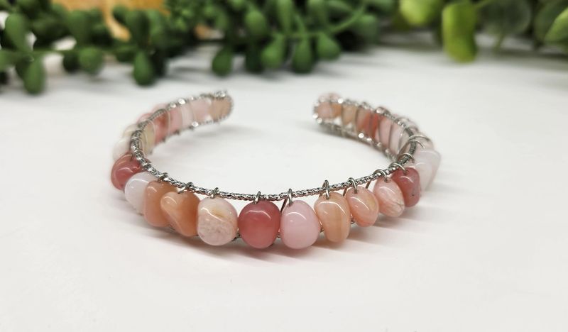 Pink Opal Bangle/Cuff/Wire Wrapped-18kt. Gold Overlay - White Gold