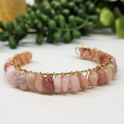 Pink Opal Bangle/Cuff/Wire Wrapped-18kt. Gold Overlay - Yellow Gold