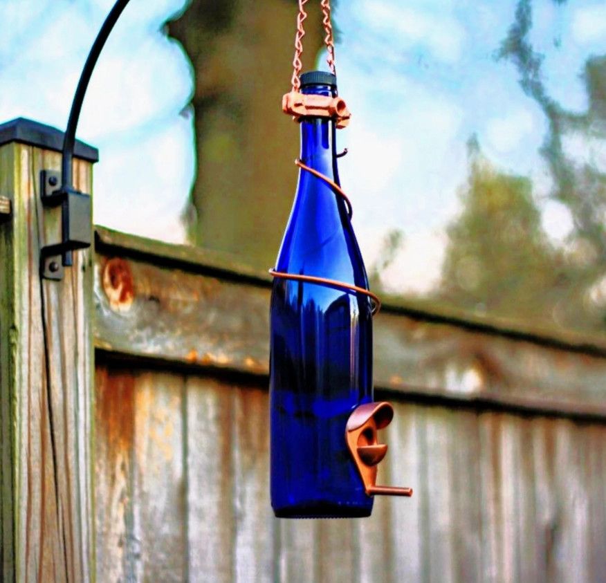 Glass Wine Bottle Bird Feeder | Cobalt Blue Bottle w Copper Trim