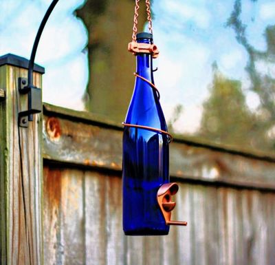 Glass Wine Bottle Bird Feeder | Cobalt Blue Bottle w Copper Trim