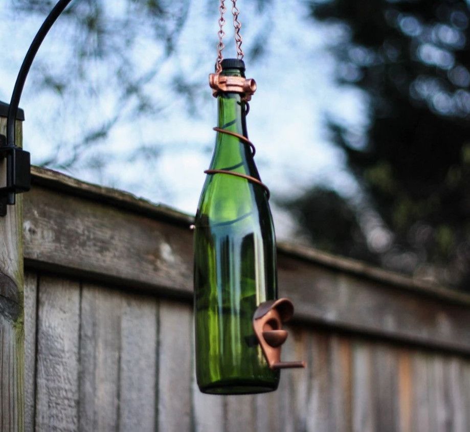 Glass Wine Bottle Bird Feeder | Green Bottle w Copper Trim