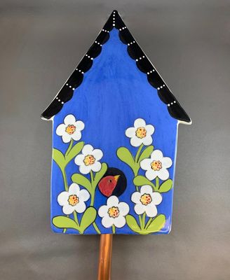 BLUE BIRDHOUSE GARDEN STAKE