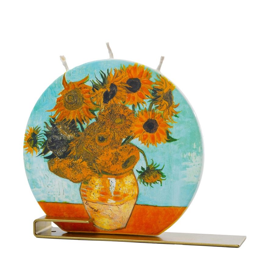 Flat Hand Crafted 6&quot; Round Candle - Sunflowers on Blue