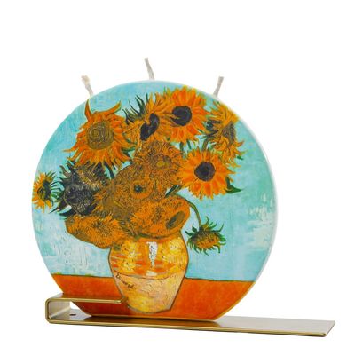 Flat Hand Crafted 6&quot; Round Candle - Sunflowers on Blue