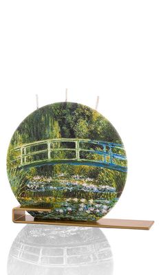 Flat Hand Crafted 6&quot; Round Candle - Claude Monet Footbridge