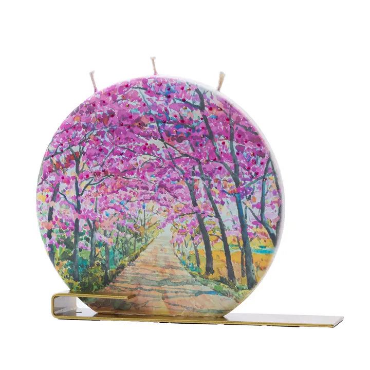 Flat Handmade Candle-Round Pink Tree Blossoms Walkway