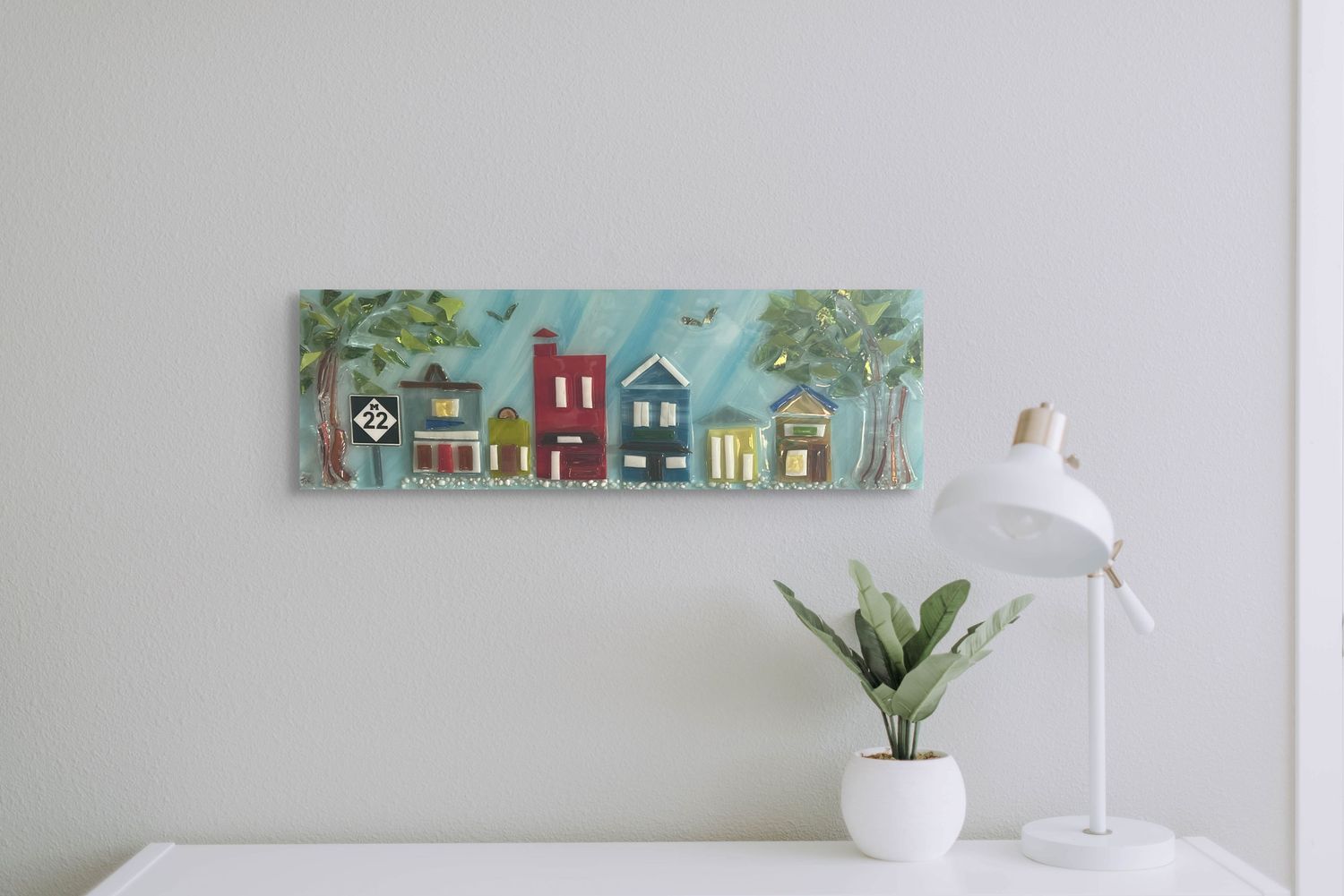 VILLAGE LANDSCAPE SHATTERED GLASS WALL ART - &quot;A PERFECT TOWN&quot;