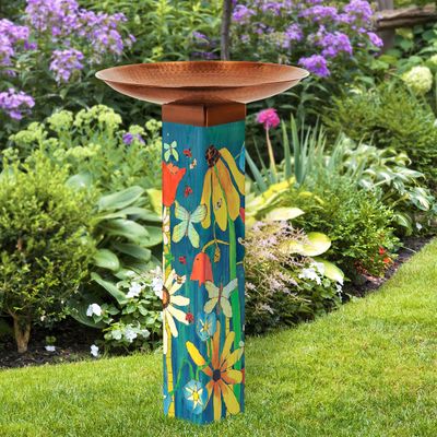 BIRD BATH ART POLE EARTH LAUGHS IN FLOWERS METAL BOWL TOPPER
