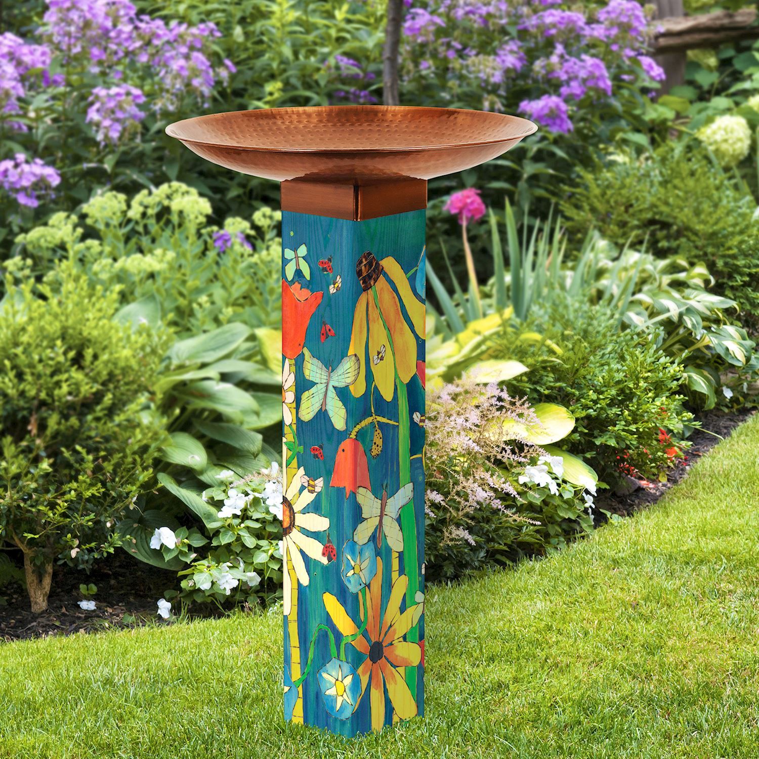 BIRD BATH ART POLE EARTH LAUGHS IN FLOWERS METAL BOWL TOPPER