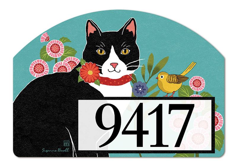 Close-up of a magnetic yard sign design showing a tuxedo cat, pink flowers, and adhesive address numbers.