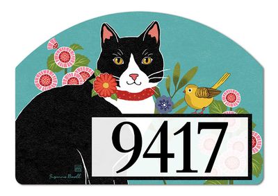 Close-up of a magnetic yard sign design showing a tuxedo cat, pink flowers, and adhesive address numbers.
