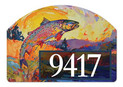 Close-up of magnetic yard sign featuring a colorful jumping trout and adhesive address numbers.