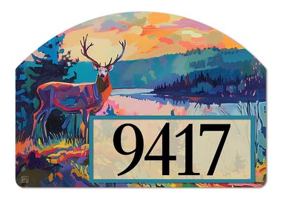 Close-up of magnetic yard sign design showing a stately deer in a landscape and adhesive address numbers.