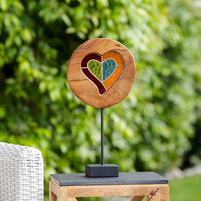 21761 TEAK SLAB STAINED GLASS HEART STAND - 20&quot;H